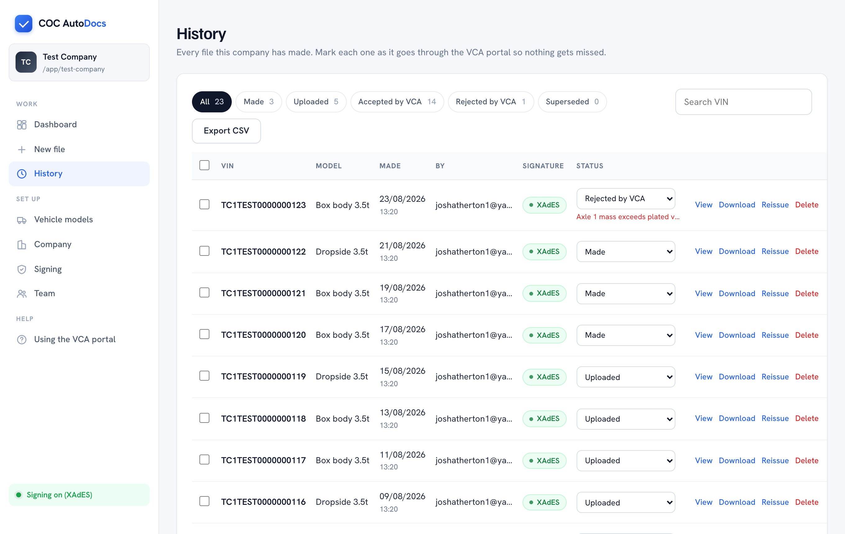 History: every file, its status with the VCA, filters and bulk actions