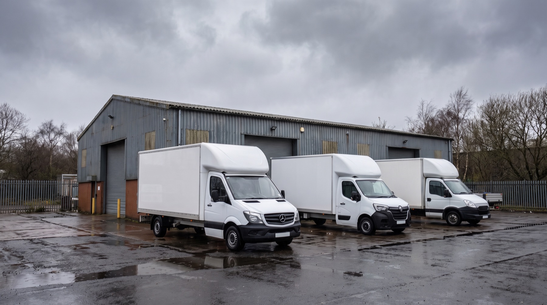 Finished Luton vans outside a bodybuilder's unit